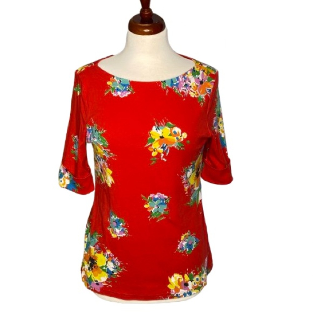 Lauren Ralph Lauren Black Label Women’s Red Floral Top Size L Cottagecore EUC